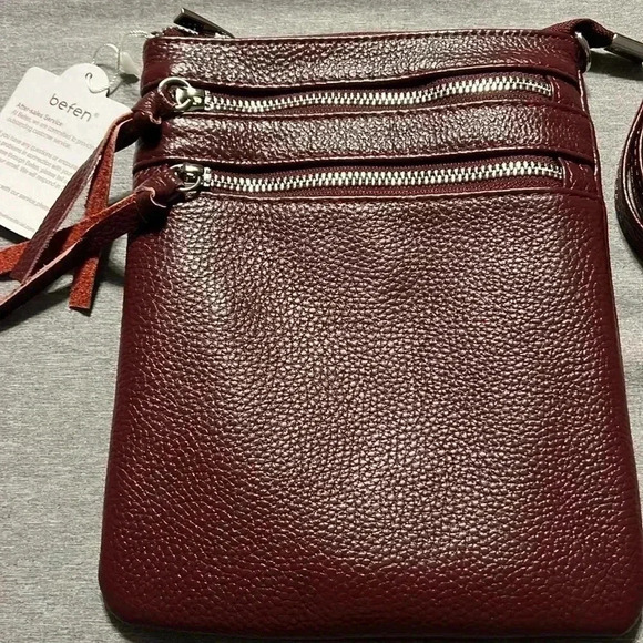 New befen pebbled Leather Crossbody Bag, Burgundy adjustable strap - Picture 6 of 10